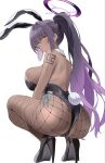  1girl animal_ear_hairband animal_ears arm_tattoo ass bare_shoulders black_hair black_leotard black_shoes blue_archive blush breasts brown_eyes commentary_request detached_collar fake_animal_ears fake_tail fishnet_pantyhose fishnets gradient_hair hairband halo high_heels highres karin_(blue_archive) karin_(bunny)_(blue_archive) large_breasts leotard long_hair looking_at_viewer looking_back multicolored_hair nakano_kura number_tattoo pantyhose ponytail purple_hair purple_halo rabbit_ear_hairband rabbit_ears rabbit_tail shoes solo squatting tail tattoo thighs 