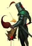  2boys armor blood blood_on_weapon broken_helmet brown_gloves corpse dark_souls_(series) dark_souls_i dragon_slayer_ornstein emerald_goblet executioner_smough full_armor gloves helm helmet highres holding holding_detached_head knight male_focus multiple_boys plume simple_background solaire_of_astora standing sword weapon 
