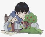  2boys apple_tree black_hair closed_mouth demon_boy dot_nose grey_background grey_robe kekkai_sensen klaus_von_reinhertz male_focus mini_person miniboy model_kit multiple_boys red_eyes robe short_hair steven_a._starphase ta0oxo0ma tree wide_sleeves 