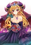  bare_shoulders blonde_hair bouquet breasts cleavage collarbone crown deanna_2 demon_girl dress earrings flower formal gloves heart heart_earrings horns jewelry lilith_(p&amp;d) long_hair medium_breasts mini_crown pendant pointy_ears purple_eyes puzzle_&amp;_dragons smile snake solo strapless strapless_dress wavy_hair wings 