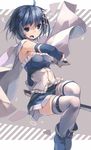  armband belt blue_eyes blue_hair cape dual_wielding gloves hair_ornament hairclip holding huanxiang_huifeng magical_girl mahou_shoujo_madoka_magica mahou_shoujo_madoka_magica_movie miki_sayaka open_mouth short_hair solo soul_gem sword thighhighs weapon zettai_ryouiki 