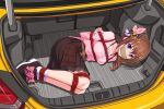  1girl absurdres arms_behind_back belt blue_eyes bound bow brown_belt brown_hair brown_skirt car car_trunk commentary_request commission footwear_bow gag gagged hair_ornament highres hololive improvised_gag in_trunk kidnapped lying meitoku motor_vehicle on_side pink_shirt pixiv_commission red_rope restrained rope shirt skirt socks star_(symbol) star_hair_ornament tape tape_gag tokino_sora tokino_sora_(casual) virtual_youtuber white_socks 