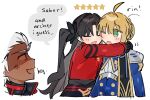  1boy 2girls ahoge anger_vein archer_(fate) archer_(honkai:_star_rail)_(fate) artoria_pendragon_(fate) black_hair blonde_hair braid braided_base bun_with_braided_base dark-skinned_male dark_skin emne english_text fate_(series) green_eyes hair_bun highres honkai:_star_rail honkai_(series) hug jacket multiple_girls one_eye_closed open_mouth red_jacket saber_(fate) saber_(honkai:_star_rail)_(fate) shaded_face short_hair sidelocks smile speech_bubble star_(symbol) tohsaka_rin tohsaka_rin_(honkai:_star_rail) twintails upper_body white_background white_hair 
