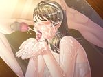  1girl bare_shoulders blush bra brown_eyes brown_hair censored cum cum_in_mouth cum_on_body cum_on_hair cum_on_upper_body ejaculation facial game_cg hairband hand_on_head highres long_hair looking_at_viewer mekurumeku_buai_no_utage open_mouth penis standing tongue tongue_out underwear vogue 