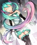  bad_id bad_pixiv_id bare_shoulders closed_eyes dress elbow_gloves gloves gradient_hair green_hair hatsune_miku highres long_hair multicolored_hair pink_hair pyz_(cath_x_tech) scapecoat_(vocaloid) solo thighhighs twintails very_long_hair vocaloid zettai_ryouiki 