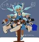  blue_dress blue_shoes blush chalkboard chinese_commentary cirno closed_eyes commentary_request detached_wings disembodied_head dress grmarsa hidden_star_in_four_seasons highres holding holding_microphone ice ice_wings microphone open_mouth shoes socks solo_focus tanned_cirno touhou translation_request twitter_username white_socks wings 