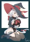  1girl black_hat black_leotard blue_archive blush breasts covered_nipples eri_(blue_archive) halo hat highleg highleg_leotard highres large_breasts leotard long_hair long_sleeves looking_at_viewer open_mouth orange_eyes shrug_(clothing) solo thanabis thighhighs witch_hat 