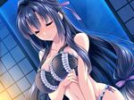  1girl aozora_stripe bikini black_hair blush breast_hold breasts collarbone eyes_closed fusuma game_cg hair_ribbon hasekura_misato large_breasts long_hair open_door piromizu ribbon side-tie_bikini sliding_doors solo swimsuit 