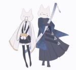  1boy 1girl 2channel absurdres animal_ear_helmet animal_helmet black_hakama black_necktie black_sleeves black_thighhighs blue_haori blue_jacket cat_helmet collared_shirt cuffs-to-collar hakama haori highres jacket japanese_clothes limbus_company looking_at_viewer millaligusticum moraler necktie ootachi project_moon ren_(project_moon) shirt simple_background sora_(project_moon) thighhighs white_background white_shirt wide_sleeves 