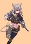  1girl absurdres american_flag animal_ears ao_homura bcm_mcmr brown_hair cross_piercing elly_(project_karibito) glock gun hair_between_eyes handgun highres holding holding_gun holding_weapon holster looking_at_viewer medium_hair military_combat_uniform military_uniform navel_piercing orange_background orange_eyes piercing project_karibito simple_background solo stomach tactical_clothes trigger_discipline weapon 