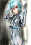  1girl against_wall ayanami_rei bad_id bad_pixiv_id blue_hair bodysuit bracer breasts cowboy_shot dodai_shouji from_side gloves grey_bodysuit hair_between_eyes hairpods hands_up headgear highres interface_headset looking_at_viewer neon_genesis_evangelion parted_lips pilot_suit pink_eyes plugsuit short_hair sketch small_breasts solo standing turtleneck 