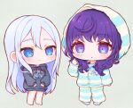  2girls :o asahina_mafuyu barefoot blue_eyes blue_hair blue_hoodie blue_pajamas blue_pants blue_socks blush chibi chibi_only closed_mouth commentary_request dot_nose double-parted_bangs drawstring full_body grey_background grey_hoodie hair_between_eyes hand_up highres hood hood_up hoodie long_hair long_sleeves multiple_girls no_shoes oyasumirakko pajamas pants parted_lips print_hoodie project_sekai purple_eyes purple_hair simple_background smile socks standing striped_clothes striped_hoodie striped_pajamas striped_pants thick_eyebrows yoisaki_kanade 