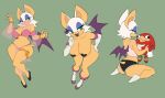  1girl absurdres animal_ears ass bandaid bandaids_on_nipples bat_ears bat_girl bat_wings bikini black_shoes black_shorts blue_eyeshadow boots breasts cleavage commentary_request eyeshadow fang flat_color flowerpigeon furry furry_female green_background green_eyes harem_outfit highres korean_commentary large_breasts looking_at_viewer makeup mouth_veil multiple_views navel open_mouth pasties pink_bikini pink_tank_top rouge_the_bat shoes shorts simple_background socks sonic_(series) swimsuit tank_top ugandan_knuckles veil white_fur white_shoes white_socks wide_hips wings 