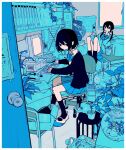  2girls at_computer black_hair black_shirt black_socks blue_bow blue_bowtie blue_skirt blue_theme bookshelf border bow bowtie cellphone chair commentary computer computer_keyboard crt desk fishbowl flip_phone highres holding holding_phone indoors long_hair low_twintails miniskirt multiple_girls office_chair on_chair original phone plant pleated_skirt potted_plant s1ho_(ukiy0u0) shirt shoes short_hair sitting skirt socks swivel_chair twintails uwabaki watering_can white_border 