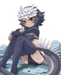  1girl arms_up bikini bikini_shorts black_hair blue_hair blush breasts brown_eyes closed_mouth commentary_request feet_out_of_frame fingernails grey_hair grey_thighhighs hand_on_own_arm highres iguana_tail kemono_friends kemono_friends_3 knees_up lizard_tail long_sleeves looking_at_viewer marine_iguana_(kemono_friends) medium_breasts medium_hair metamimi multicolored_hair shorts shrug_(clothing) sitting slit_pupils smile solo spiked_tail swimsuit tail tan tanlines thighhighs underboob very_long_tail wet wet_clothes 