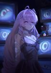  1girl absurdres ahoge bandaged_arm bandaged_neck bandages bare_shoulders chromatic_aberration commentary_request crt denia_(wuthering_waves) dress empty_eyes heavy_chromatic_aberration highres long_hair looking_at_viewer pink_hair purple_dress purple_eyes ryotefu_illust solo stuffed_animal stuffed_toy teddy_bear upper_body wuthering_waves 