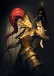  1boy 1other absurdres animal animal_helmet armor artist_name bird breastplate cat chosen_undead dark_souls_(series) dark_souls_i dragon_slayer_ornstein emerald_goblet estus_flask full_armor gauntlets gold_armor helm helmet highres holding holding_polearm holding_weapon impaled knight male_focus pauldrons plate_armor plume polearm shoulder_armor spear standing weapon 