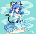  animal_ears blue_background blue_eyes blue_hair breasts cat_ears cat_tail cleavage dated hair_ornament hair_rings hair_stick kaku_seiga kamome kemonomimi_mode medium_breasts sitting solo tail touhou wariza 