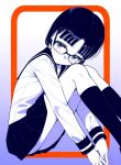  1girl black_hair black_thighhighs blue_eyes blush bob_cut curled_up embarrassed from_above glasses gradient_background hair_between_eyes head_tilt highres hugging_own_legs knees_together_feet_apart knees_up looking_at_viewer naosan2011 original pleated_skirt round_eyewear sailor school_uniform serafuku shirt short_hair shy simple_background sitting skirt solo striped_clothes striped_thighhighs thighhighs white_shirt 