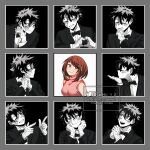  1boy 1girl 3x3_wedding_photo_collage :d artist_name blowing_kiss blush boku_no_hero_academia bow bowtie bright_pupils brown_eyes brown_hair closed_eyes formal_clothes freckles heart heart_hands highres instagram_logo instagram_username looking_at_another looking_up midoriya_izuku mu_1_2 multiple_views photo-referenced pink_shirt pointing pointing_at_another profile scar scar_on_cheek scar_on_face scar_on_hand shirt short_hair sidelocks sleeveless sleeveless_shirt smile spiked_hair suit traditional_bowtie twitter_logo twitter_username uraraka_ochaco white_pupils wing_collar 