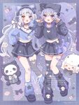  2girls :d absurdres animal_ear_headphones animal_ears animal_hat asymmetrical_legwear bandaid bandaid_on_leg bandaid_on_thigh black_hoodie black_shoes black_skirt black_socks black_thighhighs blue_leg_warmers blue_shirt blush cat_ear_headphones cat_ears cat_hat claw_pose commentary_request commission double-parted_bangs fake_animal_ears frilled_skirt frills full_body grey_thighhighs grid_background hair_between_eyes hands_up hat headphones heterochromia highres hinase01 hood hood_down hoodie kagura_gumi kagura_mea leg_warmers long_hair long_sleeves looking_at_viewer miniskirt multiple_girls open_mouth pleated_skirt purple_background purple_eyes purple_hair school_uniform serafuku shirt shoes single_sock single_thighhigh skirt sleeves_past_wrists smile socks standing star_(symbol) thighhighs two_side_up uneven_legwear virtual_youtuber vspo! watermark white_hair yano_kuromu yellow_eyes 