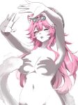  1girl \||/ animal_ears arms_up breasts double_\||/ from_below hand_shadow_covering_breasts_(meme) highres hololive hololive_english long_hair meme moy multicolored_hair navel no_nipples nude one_eye_closed open_hands outstretched_arms panther_ears panther_girl pink_hair raora_panthera shadow shadow_censor shadow_puppet solo virtual_youtuber 