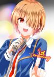  1girl blue_shirt brown_hair commentary_request drawing_on_fourth_wall hair_ornament hairpin heaven_burns_red highres holding holding_microphone kayamori_ruka looking_at_viewer microphone necktie open_clothes open_mouth open_shirt red_necktie shirt short_hair singing yoanium 