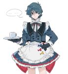  ... 1boy apron black_gloves black_ribbon blue_bow blue_eyes blue_hair blue_jacket blue_skirt bow closed_mouth cowboy_shot crossdressing crossdressing_(mtf) cup empty_eyes enmaided frilled_apron frilled_shirt frills frown gloves gundam hand_on_own_hip highres holding holding_tray i_akkkko_i jacket kamille_bidan long_sleeves looking_at_viewer maid male_focus male_maid neck_ribbon red_bow ribbon shaded_face shirt simple_background skirt solo spoken_ellipsis standing tray waist_apron white_apron white_background white_shirt yellow_bow zeta_gundam 