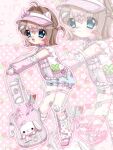  1girl :3 ahoge animal_hair_ornament animal_print artist_name bandaged_leg bandages bandaid bandaid_on_face bandaid_on_nose blood blue_eyes blue_shorts blush blush_stickers bow bow_print bowtie brown_hair character_hair_ornament character_print cleaver clover_print commentary_request dot_nose food-themed_background food-themed_hair_ornament food_print four-leaf_clover_print fruit_background fruit_print hair_ornament heart heart_print heisei_retro instrument jacket key leg_warmers low_twintails open_mouth original pink_background pink_bow pink_bowtie pink_jacket pink_shirt polka_dot polka_dot_background puffy_shorts rabbit_hair_ornament rabbit_print san-x sandals sanrio selenium shirousa_(sugarbunnies) shirt short_hair short_sleeves short_twintails shorts single_blush_sticker skindentation solo star_(symbol) star_print sticker sticker_on_leg strawberry_background strawberry_hair_ornament strawberry_print stuffed_animal stuffed_rabbit stuffed_toy sugarbunnies tamagotchi twintails violin violin_case visor_cap white_leg_warmers zipper 