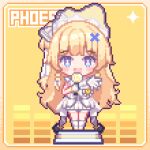  1girl animated animated_gif blonde_hair character_name chibi chibi_only chinese_commentary commentary_request dress gloves hair_ornament highres holding holding_microphone idol kyou_039 long_hair looking_at_viewer looping_animation microphone open_mouth phoebe_(wuthering_waves) smile solo standing straight-on white_dress white_gloves wuthering_waves x_hair_ornament yellow_background 
