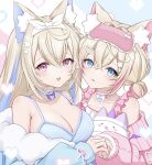  2girls absurdres animal_ear_fluff animal_ears babydoll bandaid blonde_hair blue_babydoll blue_bow blue_choker blue_eyes blue_nails blue_streaks bow braid breasts choker cleavage collarbone commentary_request crossed_bangs dog_ears dog_girl double_bun flower frilled_shorts frills fuwawa_abyssgard fuwawa_abyssgard_(pajamas) hair_between_eyes hair_bun hair_flower hair_intakes hair_ornament hairclip highres hololive hololive_english large_breasts long_hair looking_at_viewer low_twintails mococo_abyssgard mococo_abyssgard_(pajamas) multicolored_hair multiple_girls nail_polish nohanenoe official_alternate_costume pink_babydoll pink_bow pink_choker pink_eyes pink_streaks shorts siblings sidelocks sisters sleep_mask smile streaked_hair twin_braids twins twintails upper_body very_long_hair virtual_youtuber 