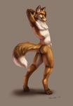  amber_eyes anthro armpits arms_above_head arms_behind_head barefoot black_nose butt canine chest_tuft detailed fox fur grey_background looking_at_viewer looking_back male mammal multicolor_fur nude orange_fur pinup plain_background pose seductive sheath solo standing taurin_fox tuft two_tone_fur 