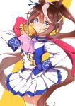  1girl absurdres animal_ears ascot asymmetrical_gloves blue_eyes blue_gloves blush brown_hair buttons cape closed_mouth commentary double-breasted epaulettes etepachipachi gloves hair_between_eyes highres horse_ears horse_girl horse_tail jacket long_hair long_sleeves looking_at_viewer mismatched_gloves multicolored_hair multicolored_jacket pink_ascot ponytail red_cape single_epaulette single_hair_streak skirt smile solo streaked_hair tail tokai_teio_(peak_joy)_(umamusume) tokai_teio_(umamusume) two-tone_hair two-tone_jacket two-tone_skirt umamusume white_gloves white_hair white_jacket white_skirt white_streaks 