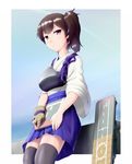  :&lt; black_legwear blush breasts brown_eyes brown_hair flight_deck gloves hakama_skirt hctk highres japanese_clothes kaga_(kantai_collection) kantai_collection medium_breasts muneate partly_fingerless_gloves short_hair side_ponytail single_glove skirt solo tasuki thighhighs yugake 