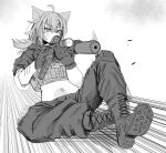  1girl animal_ears ao_homura bcm_mcmr boots cat_ears cat_girl cat_tail cross_piercing elly_(project_karibito) greyscale gun hair_between_eyes highres looking_at_viewer medium_hair military military_combat_uniform military_uniform monochrome navel navel_piercing piercing project_karibito shoes solo stomach tactical_clothes tail weapon 