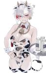  1girl absurdres anger_vein animal_ears animal_print bare_shoulders bell blush bottle breasts chain chain_leash cleft_of_venus collar cow_ears cow_horns cow_print cow_tail ear_tag fake_animal_ears female_pubic_hair hand_on_own_hip highres holding holding_tray horns large_breasts leash leotard looking_at_viewer milk milk_bottle multicolored_hair nipples original playboy_bunny pubic_hair pussy red_collar red_eyes rerrere see-through_clothes see-through_leotard short_hair simple_background solo standing tail thighhighs tray two-tone_hair white_background white_hair wrist_cuffs 