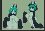 1girl :< black_hoodie breasts cleft_of_venus closed_mouth colored_skin commentary_request curvy fang flat_color flowerpigeon furry furry_female green_background green_hair green_skin hood hoodie huge_breasts kneeling korean_commentary league_of_legends multiple_views navel nipples pink_eyes pussy short_hair simple_background standing tail vex_(league_of_legends) 