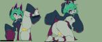  1girl absurdres ass black_hat breasts camel cleavage cleft_of_venus fang flat_color flowerpigeon furry furry_female green_background green_eyes green_hair hat highres jiangshi_costume kneeling league_of_legends looking_at_viewer looking_back maebari medium_breasts multiple_views nipples ofuda ofuda_on_pussy open_mouth pink_eyes pussy qingdai_guanmao short_hair simple_background split standing standing_on_one_leg standing_split vex_(league_of_legends) 