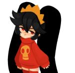  1girl 2x_(artist) alternate_costume ashley_(warioware) black_hair cowboy_shot drawfag frown long_hair looking_at_viewer print_sweater red_eyes red_sweater red_thighhighs simple_background skull_print sleeves_past_wrists solo sweater thighhighs tiara turtleneck turtleneck_sweater twintails v-shaped_eyebrows very_long_hair warioware white_background 