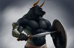  abs amazing anthro armor beard biceps big_muscles black_fur black_nipples bovine brown_eyes cattle clothing facial_hair facial_piercing fur gladiator goatee horn lag2011 loincloth male mammal muscles nipples nose_piercing nose_ring pecs piercing pose shield solo standing sword toned topless warrior weapon 