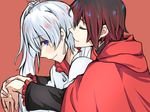  2girls amipiai blue_eyes blush cape eyes_closed frills hood hug long_hair medium_hair multiple_girls ruby_rose rwby short_hair weiss_schnee white_hair yuri 