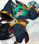  1girl :< absurdres alternate_costume black_pants blush closed_mouth colored_skin flowerpigeon furry furry_female green_hair green_skin hat highres jiangshi_costume league_of_legends ofuda ofuda_on_clothes ofuda_on_head pants pink_eyes qingdai_guanmao short_hair solo vex_(league_of_legends) vex_shadow_(league_of_legends) yordle zoom_layer 