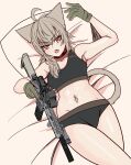  1girl animal_ears ao_homura bare_shoulders bcm_mcmr brown_hair cat_ears cat_girl cross_piercing elly_(project_karibito) gun hair_between_eyes highres holding holding_gun holding_weapon looking_at_viewer medium_hair military navel navel_piercing open_mouth orange_eyes piercing project_karibito solo thighs trigger_discipline weapon 
