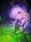  13_(spice!!) 1girl black_dress blue_archive brown_halo cauldron collared_shirt commentary dandelion diagonal-striped_ribbon dress flower grey_hair hair_over_one_eye halo highres kanoe_(blue_archive) long_hair looking_at_viewer open_mouth red_eyes red_ribbon ribbon shirt solo two_side_up very_long_hair white_shirt 