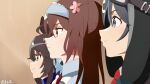  3girls ahoge almond_eye_(racehorse) aviator_cap black_hair blue_eyes blue_hairband blue_ribbon brown_eyes brown_hair commentary contrail_(racehorse) daring_tact_(racing)_(umamusume) daring_tact_(umamusume) derivative_work flower from_side genderswap genderswap_(mtf) hair_flower hair_ornament hair_ribbon hairband long_hair looking_ahead moma_lalala multiple_girls original personification ribbon umamusume 