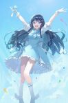  1girl absurdres arms_up black_hair blue_bow blue_bowtie blue_dress blue_eyes blue_hair blue_sky boots bow bowtie colored_inner_hair diamond_(shape) dress enokinoko1010 frilled_dress frills gloves hair_ornament hairclip highres holding holding_microphone indie_virtual_youtuber layered_dress long_hair looking_at_viewer microphone multicolored_hair nanami_urara_(vtuber) open_mouth puffy_short_sleeves puffy_sleeves short_sleeves sky smile solo sunlight v virtual_youtuber white_boots white_gloves 
