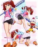  1girl absurdres ahoge all_fours anger_vein ass backpack bag bike_shorts bike_shorts_under_skirt blue_gloves brown_hair butterfly_net commission full_body gloves green_eyes hand_net highres holding holding_butterfly_net jacket monkey multiple_views pink_jacket pipo_monkey pleated_skirt pokemoa saru_getchu sayaka_(saru_getchu) short_twintails skeb_commission skirt standing thighs twintails white_skirt 