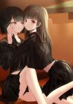  2girls absurdres black_hair black_sailor_collar black_serafuku black_shirt black_skirt blunt_bangs closed_mouth commentary_request feet_out_of_frame frown hand_on_another's_cheek hand_on_another's_face hand_on_another's_wrist highres indoors kneehighs kneeling leaning_forward long_hair long_sleeves looking_at_another looking_at_viewer looking_to_the_side midriff_peek multiple_girls obake_(amimonoobake) original parted_bangs pleated_skirt red_eyes sailor_collar school_uniform serafuku shirt short_hair sitting skirt smile socks straight_hair wispy_bangs yuri 