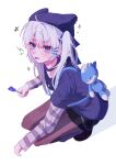  1girl :p absurdres ahoge animal_bag animal_ear_headwear animal_ears animal_hat backpack bag beanie black_choker black_skirt blue_eyes blue_hoodie blush brown_pantyhose candy cat_hat chain choker colored_tongue commentary ear_piercing fake_animal_ears food full_body gosegu hair_ornament hair_ribbon hairclip hat heart highres holding holding_candy holding_food holding_lollipop hood hoodie jacket jewelry korean_commentary layered_sleeves lightning_bolt_symbol lollipop long_hair long_sleeves looking_at_viewer necklace pantyhose piercing purple_jacket reum_reum ribbon segyun_(gosegu) shirt short_over_long_sleeves short_sleeves simple_background skirt solo squatting star_(symbol) striped_clothes striped_sleeves stuffed_animal stuffed_cat stuffed_toy tongue tongue_out twintails virtual_youtuber waktaverse white_background white_hair 