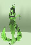  4_toes black_hair breasts claws clothed clothing dragon female furred_dragon green_background green_skin hair looking_at_viewer lost-paw navel plain_background skimpy smoking solo standing stripes toe_claws toes unknown_species 